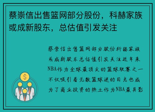 蔡崇信出售篮网部分股份，科赫家族或成新股东，总估值引发关注