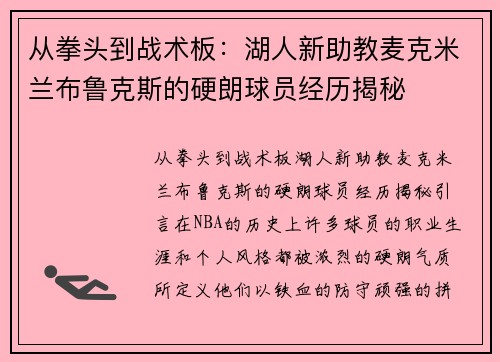 从拳头到战术板：湖人新助教麦克米兰布鲁克斯的硬朗球员经历揭秘