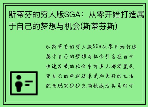 斯蒂芬的穷人版SGA：从零开始打造属于自己的梦想与机会(斯蒂芬斯)