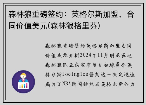 森林狼重磅签约：英格尔斯加盟，合同价值美元(森林狼格里芬)